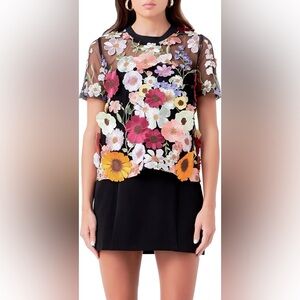 Endless Rose Floral Embroidered Appliqué Organza Top size small